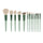 Set of 15 makeup brushes with green handles on a white background