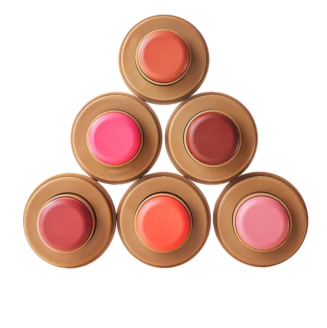 Set of lip glosses in various shades with brown containers on a white background.