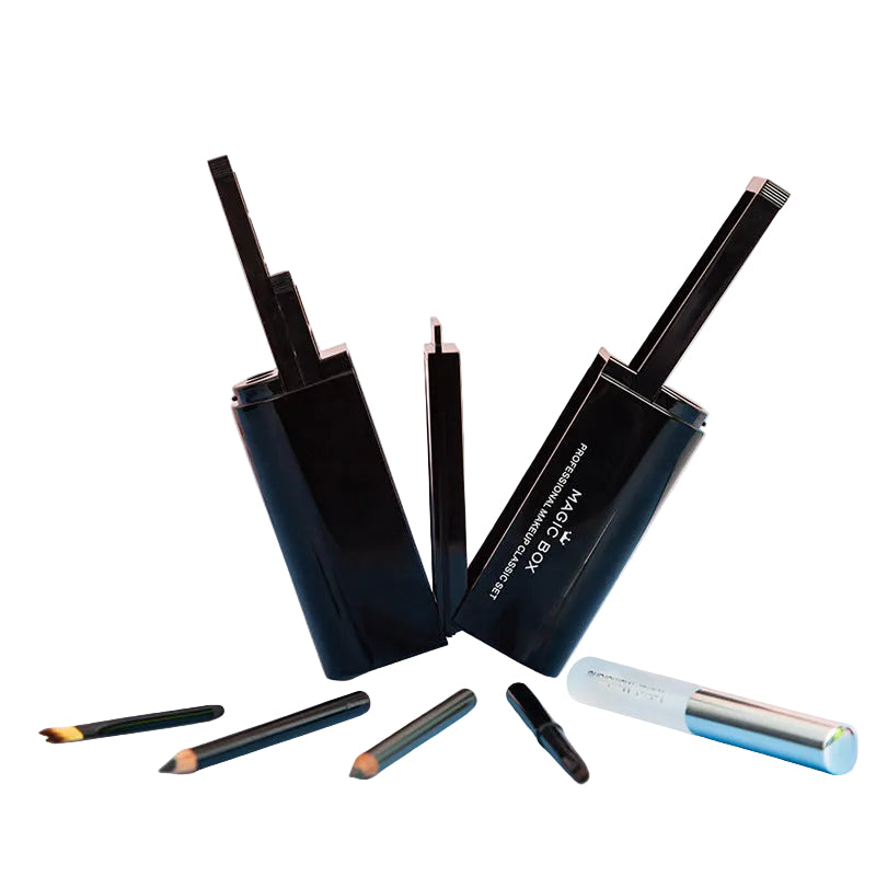 Set of makeup products including lip pencils and applicators on a blue surface with a pink background.