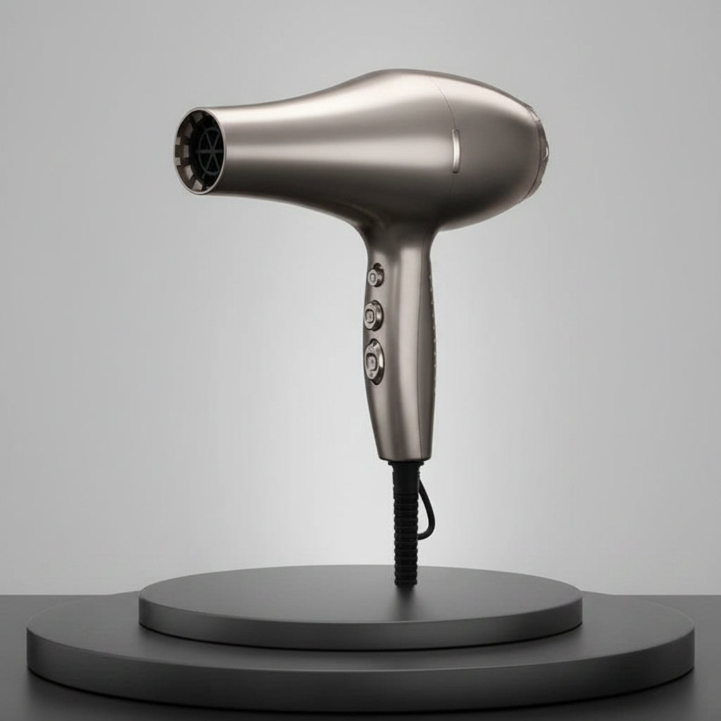 Silver hair dryer on a dark gray background