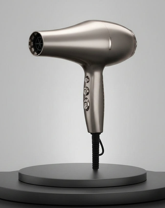 Silver hair dryer on a dark gray background