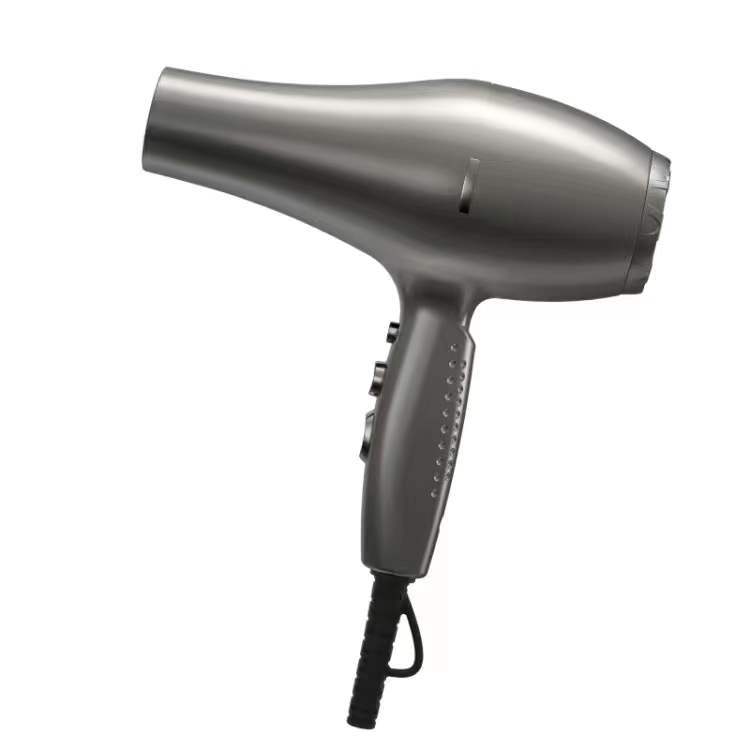 Silver hair dryer on a white background