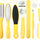 Set of yellow foot care tools including a file, scrubber, and other items on a white background.