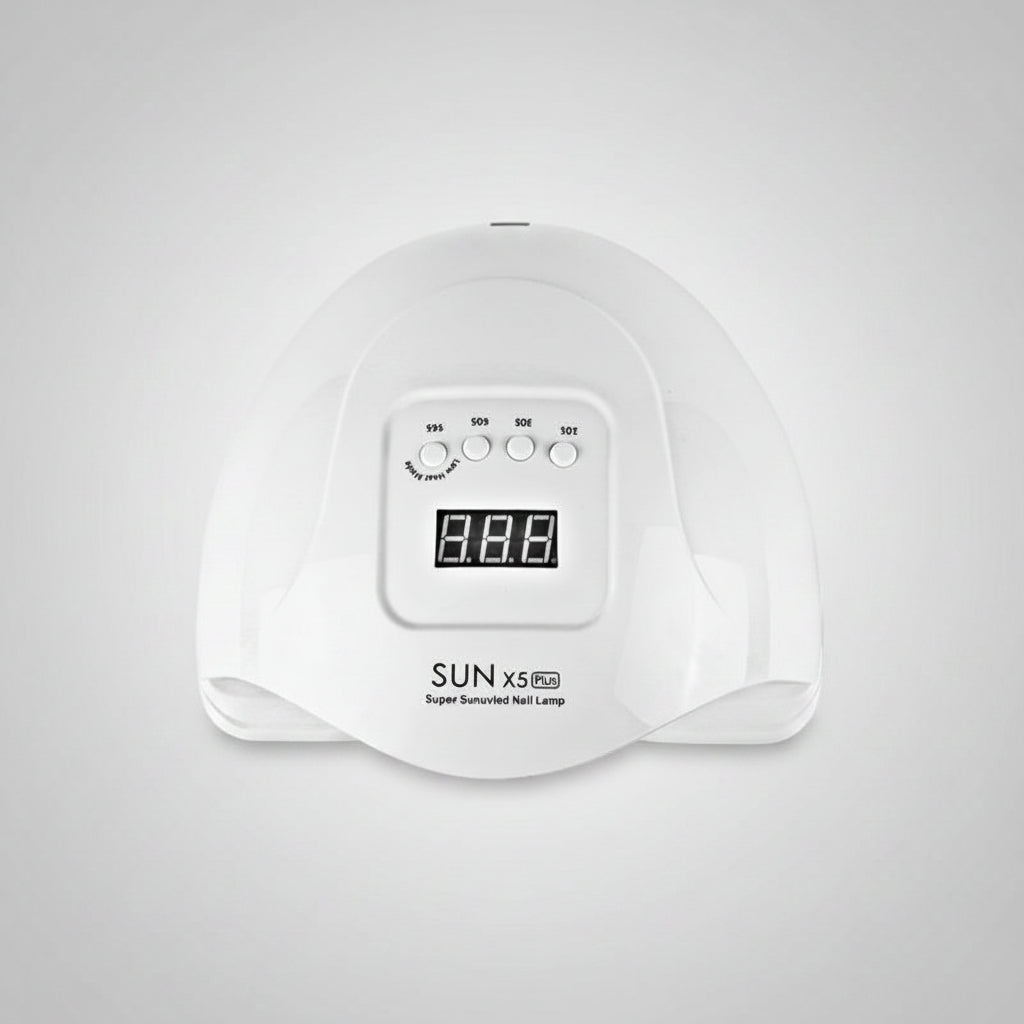 White nail lamp with digital display and UK-220V British plug on a white background