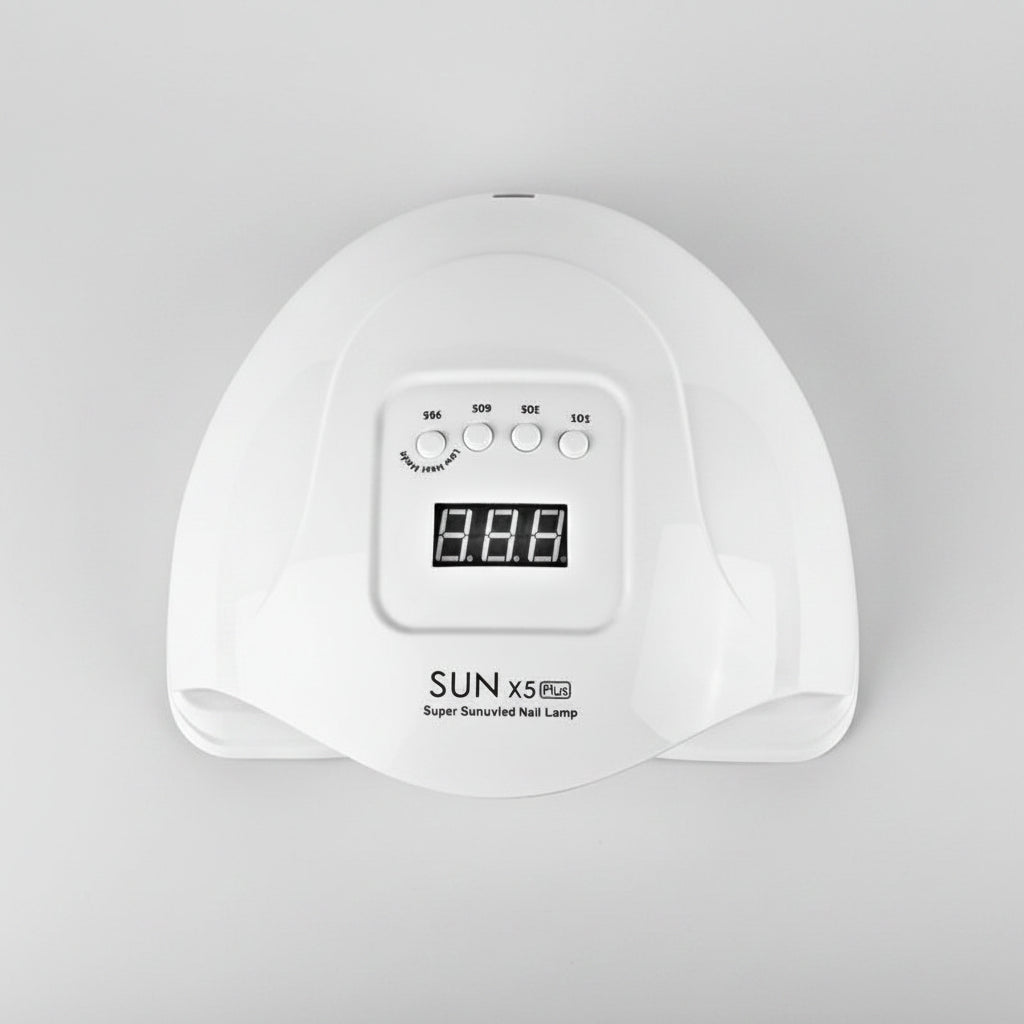 White nail lamp with digital display and EU-220V European plug on a white background