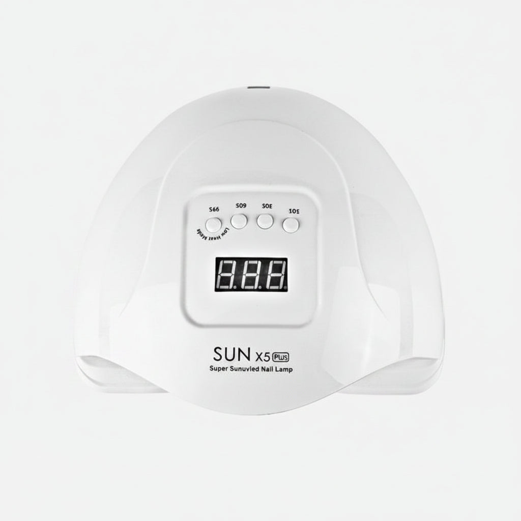 White nail lamp with digital display and American plug on a white background