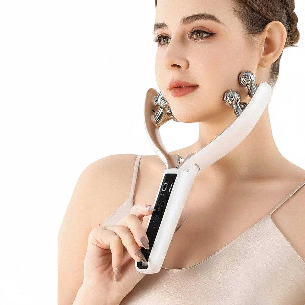 Woman using a V-Face beauty device with text highlighting its features on a light background