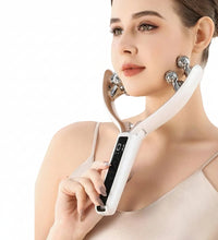 Woman using a V-Face beauty device with text highlighting its features on a light background