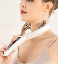 Woman using a neck massager on a white background