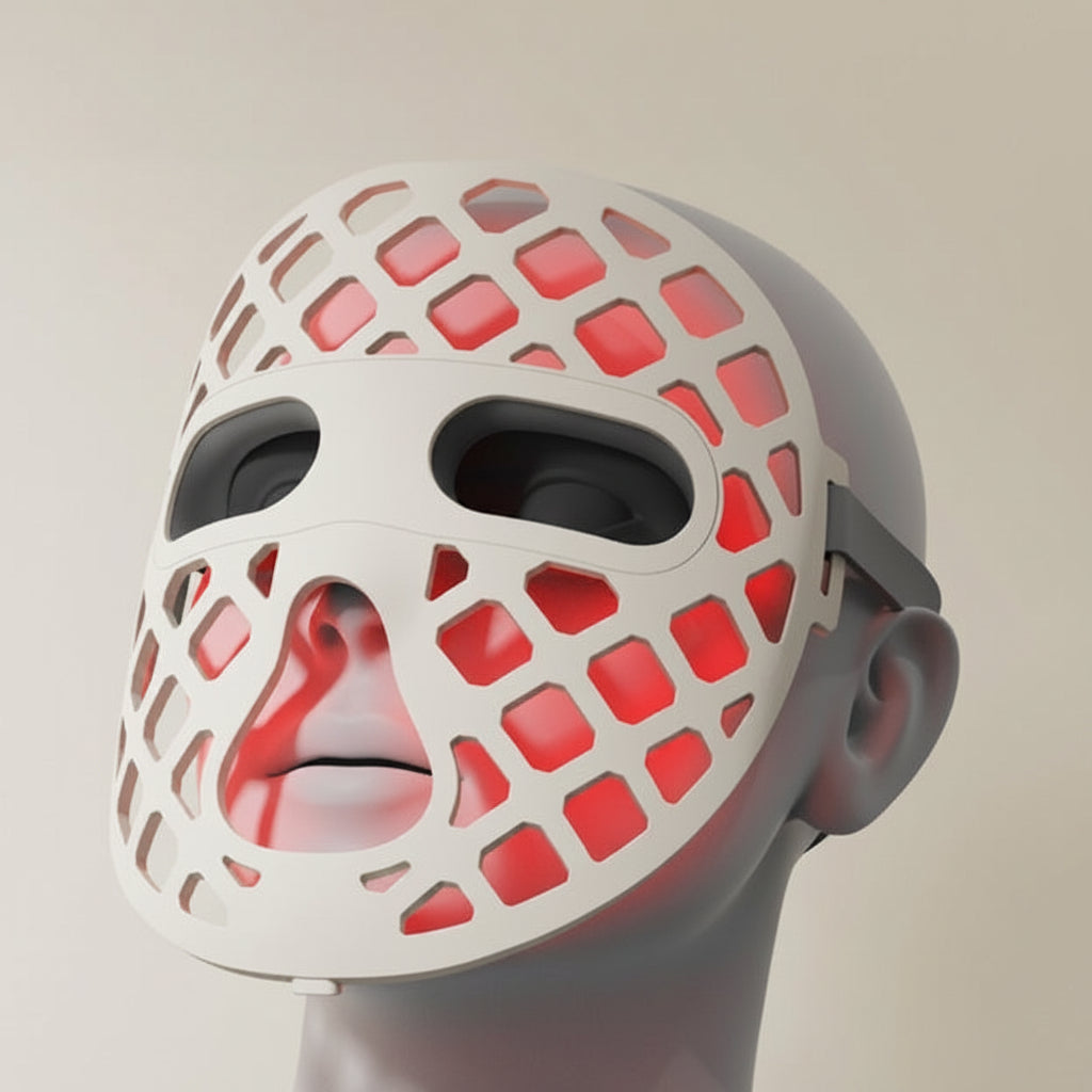 White mask with red grid pattern on a neutral background