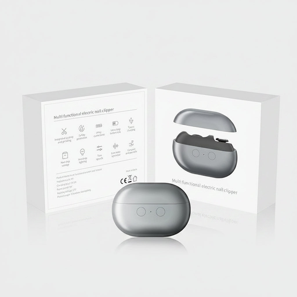 Multi-functional electric nail clipper packaging with clear lid showing product design.