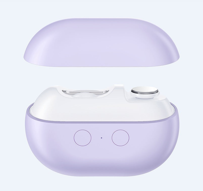 Purple wireless earbuds in a charging case on a white background