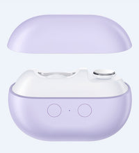 Purple wireless earbuds in a charging case on a white background