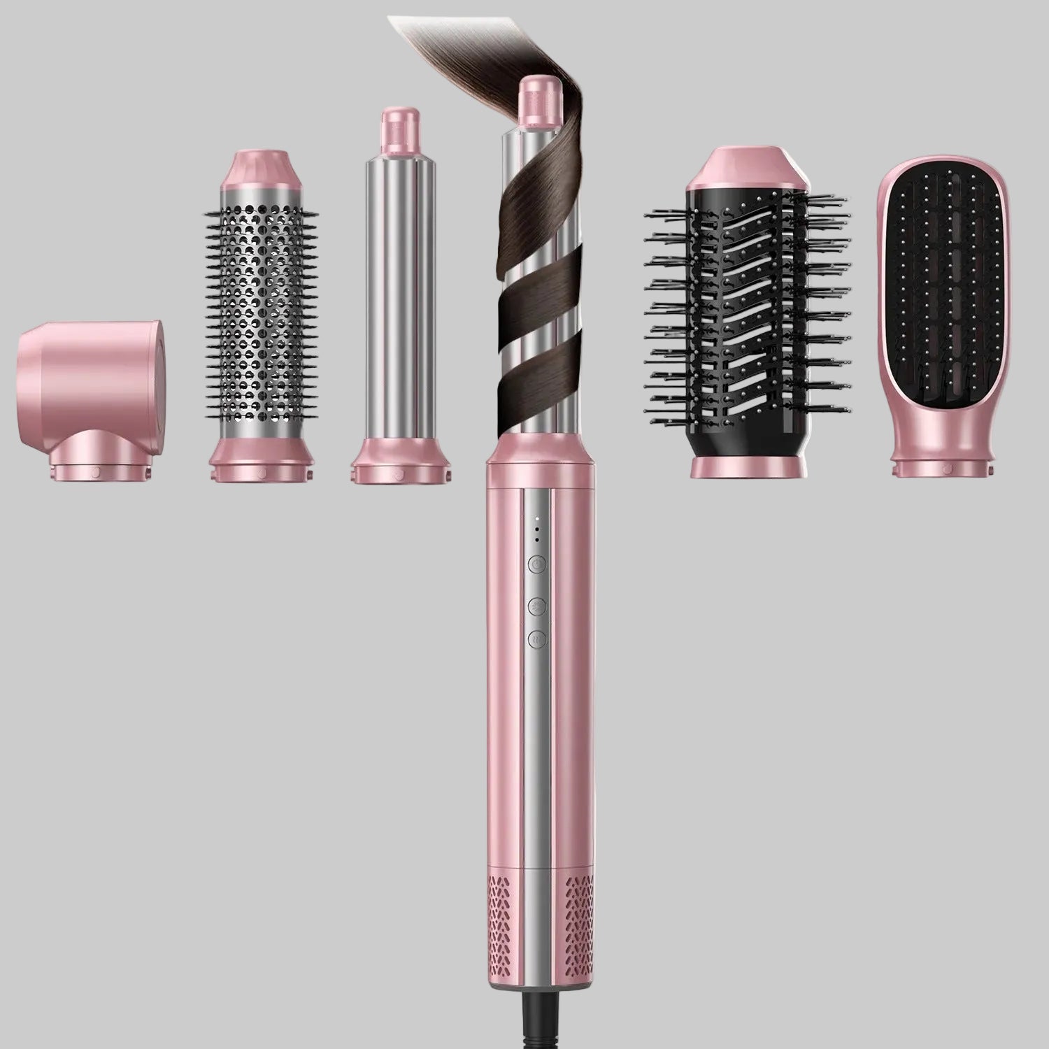 Set of 6 styling heads including curlers, brushes, and dryer nozzle.