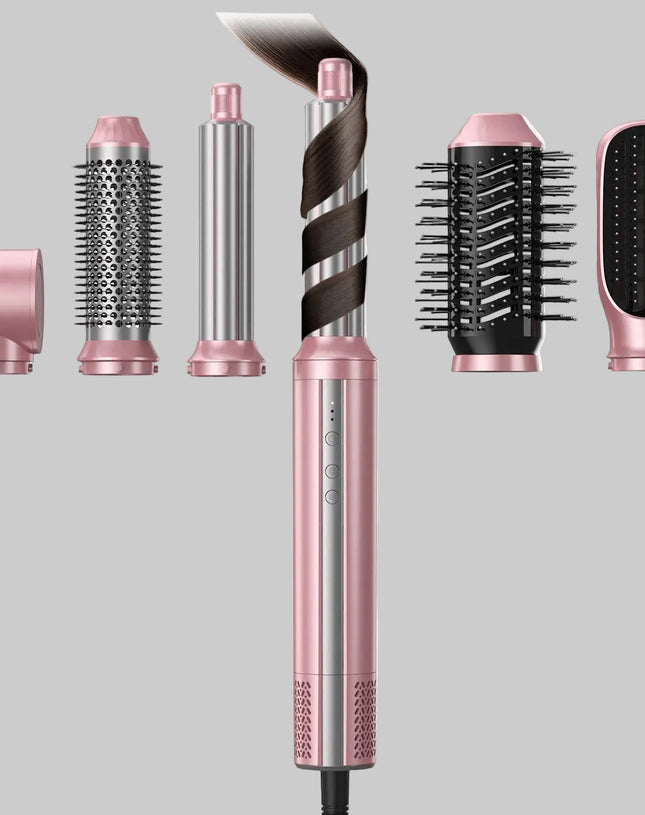 Set of 6 styling heads including curlers, brushes, and dryer nozzle.