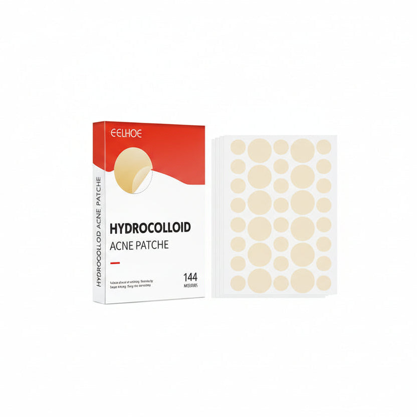 Hydrocolloid acne patch packaging with a woman's face and close-up of patches on skin.