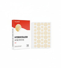 Hydrocolloid acne patch packaging with a woman's face and close-up of patches on skin.