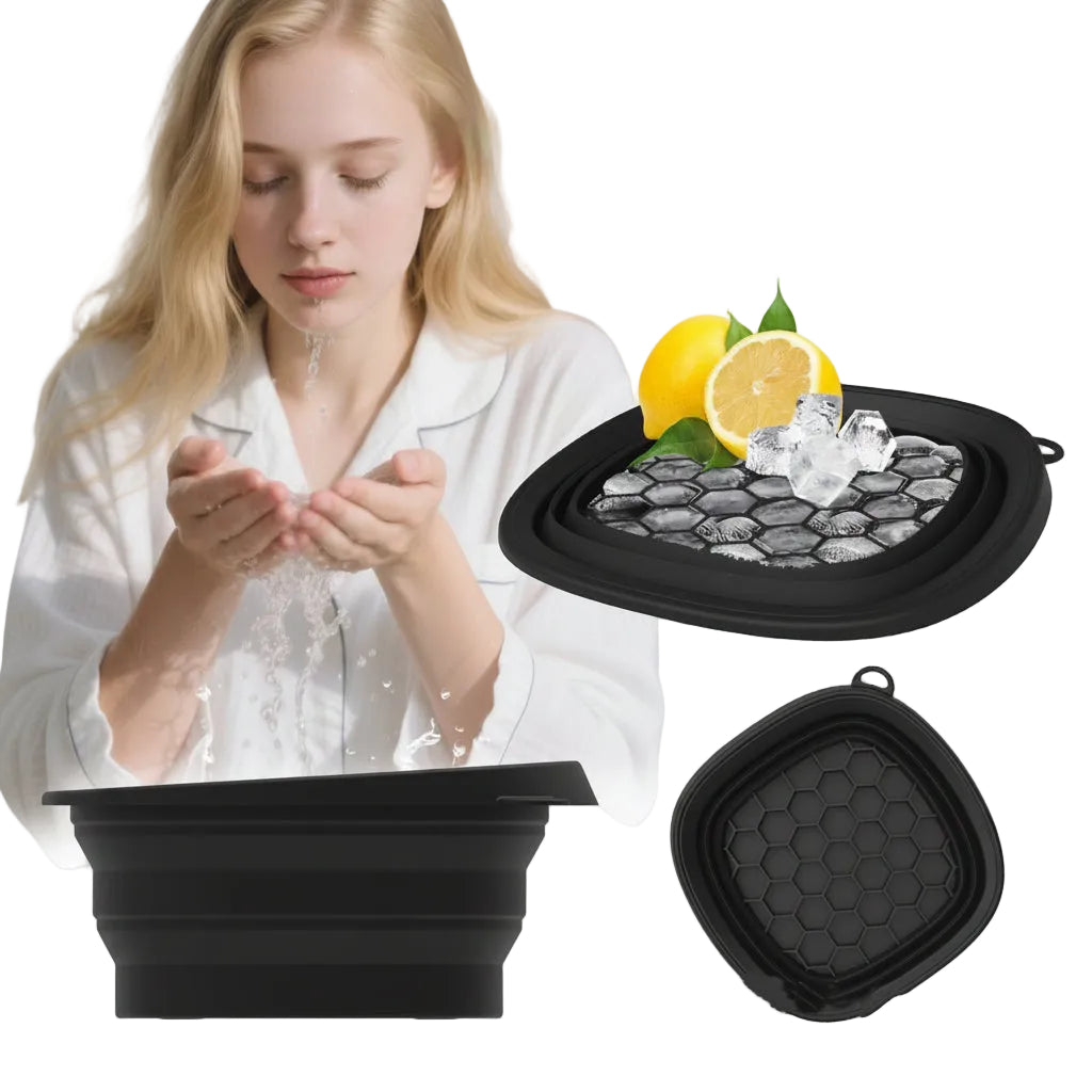 Woman using a folding ice basin with lemon and ice cubes on a white background