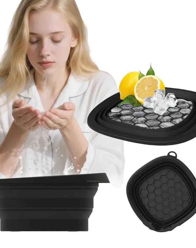 Woman using a folding ice basin with lemon and ice cubes on a white background