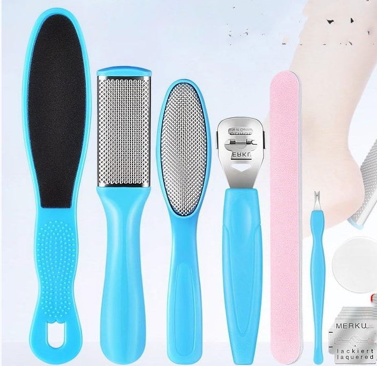 Set of foot care tools including a file, buffer, and callus remover on a light blue background.