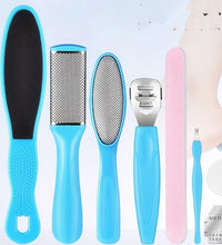 Set of foot care tools including a file, buffer, and callus remover on a light blue background.