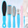Set of foot care tools including a file, buffer, and callus remover on a light blue background.