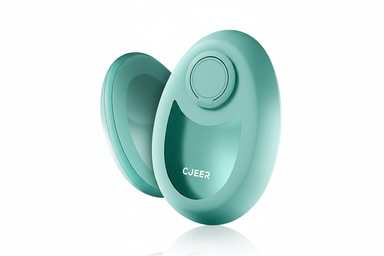 Turquoise hair removal device with 'CJEEER' branding on a light green background