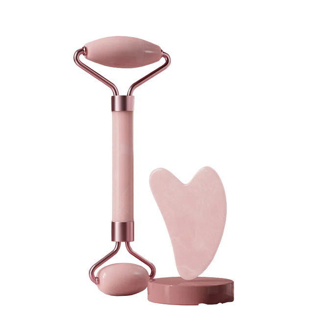 Dual-action quartz facial roller and gua sha set in multiple colors for skincare.