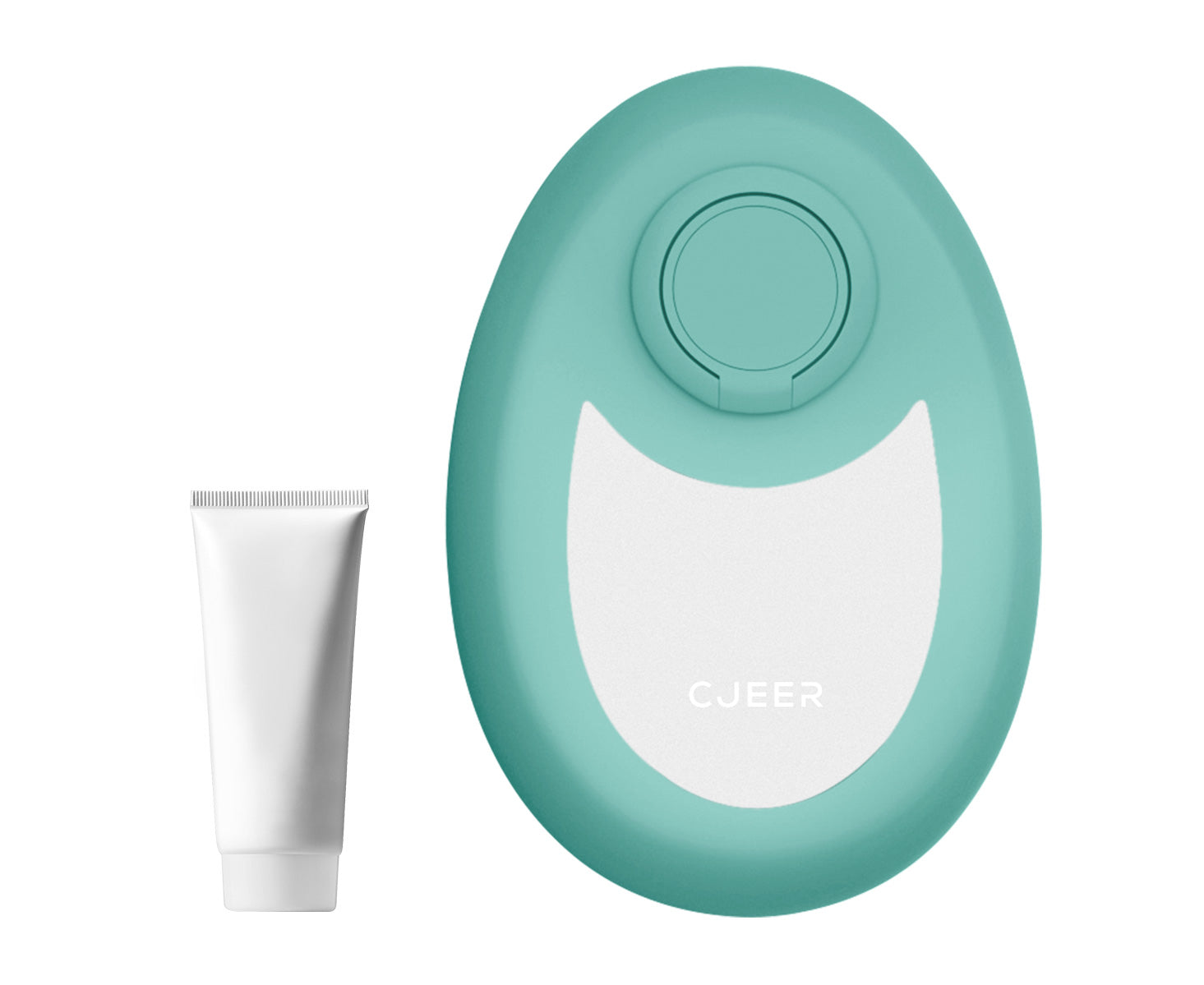 Teal electronic device with a tube of cream on a white background