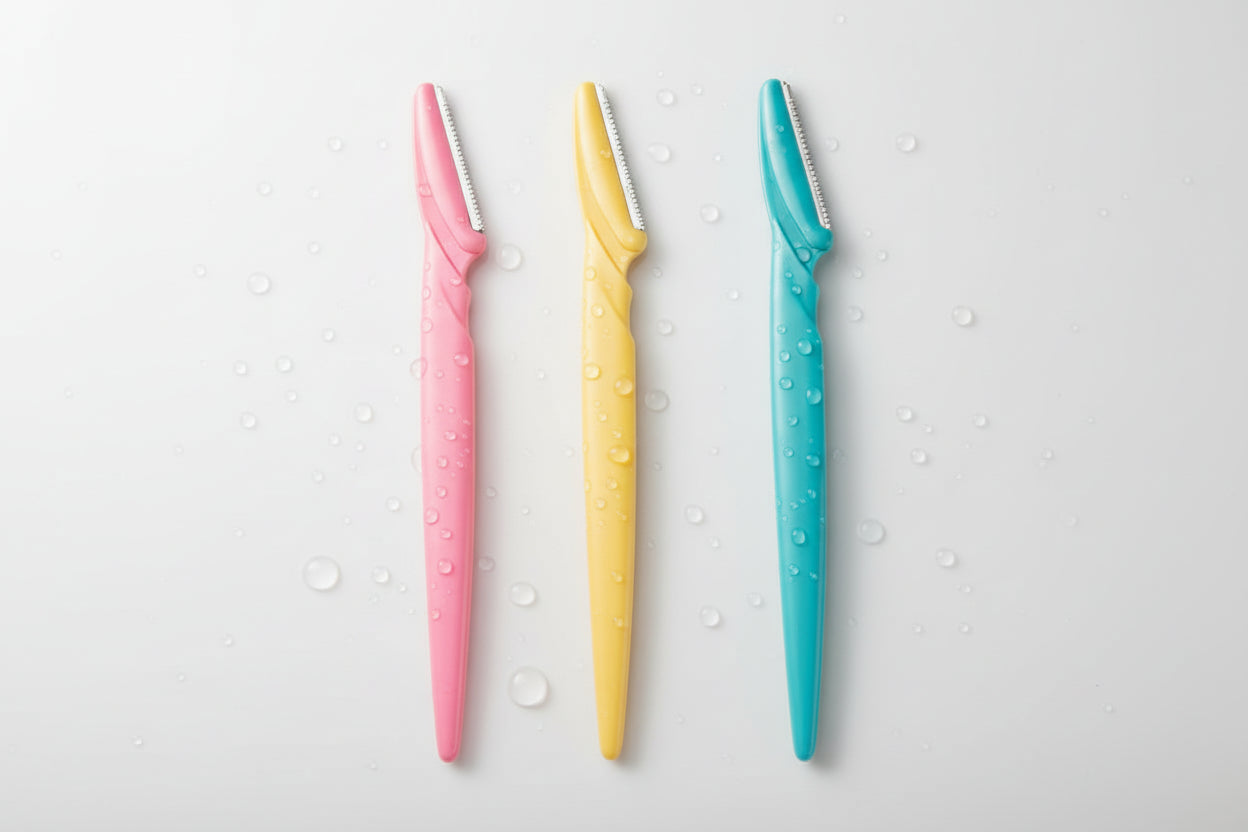 Three colorful eyebrow razors with close-up images of eyes with well-groomed eyebrows.