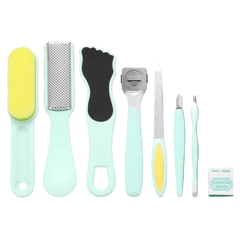 Set of foot care tools on a teal background