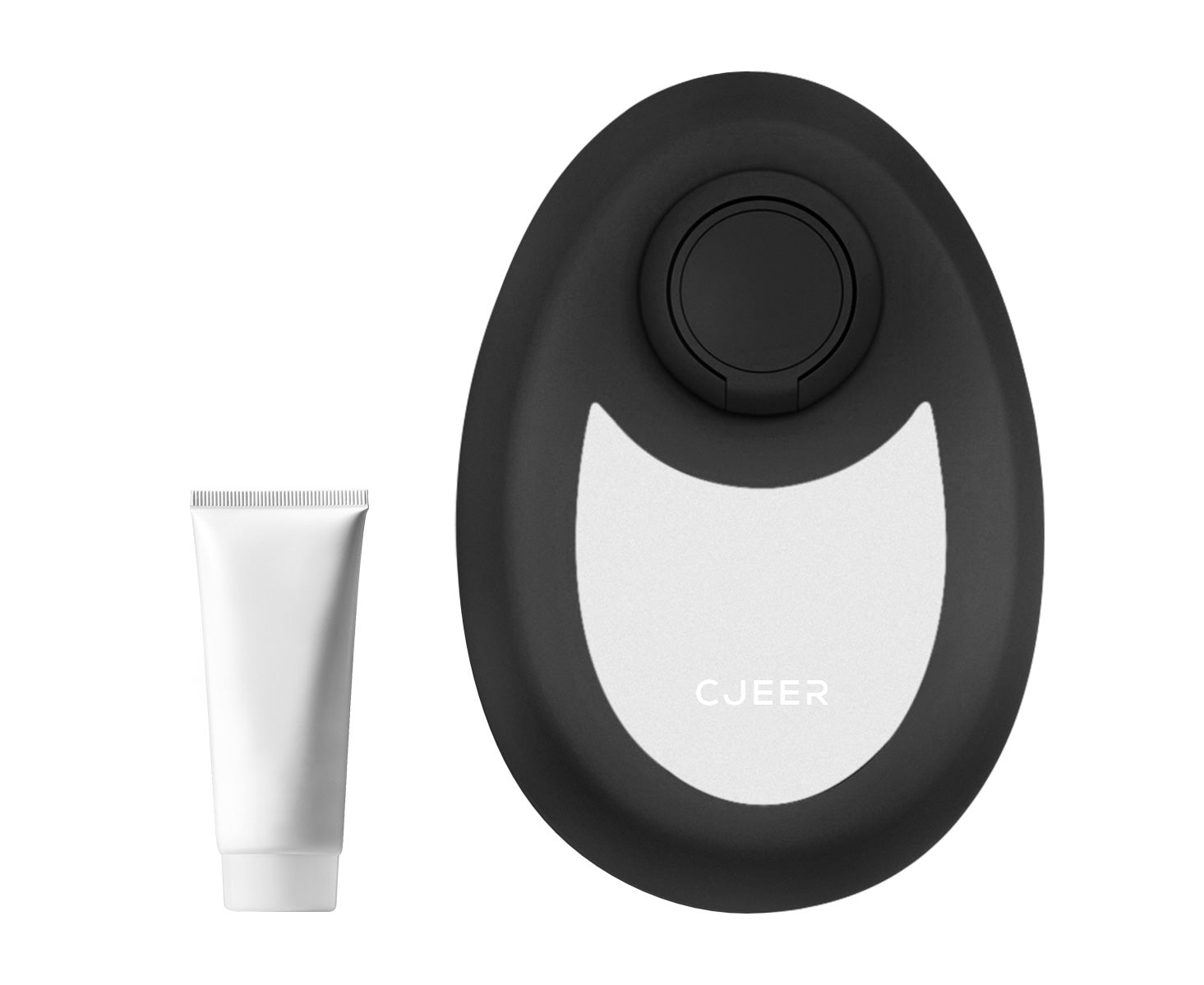 Black electronic device with 'Cjeer' branding next to a white tube on a white background