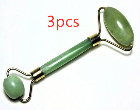 Green jade roller with gold accents on a white background, labeled '3pcs'.