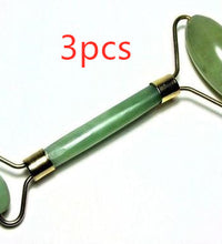 Green jade roller with gold accents on a white background, labeled '3pcs'.