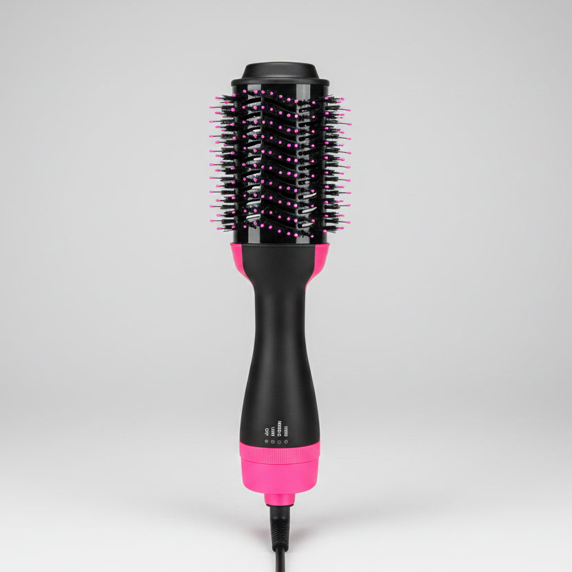 Black and pink hair styling tool on a white background