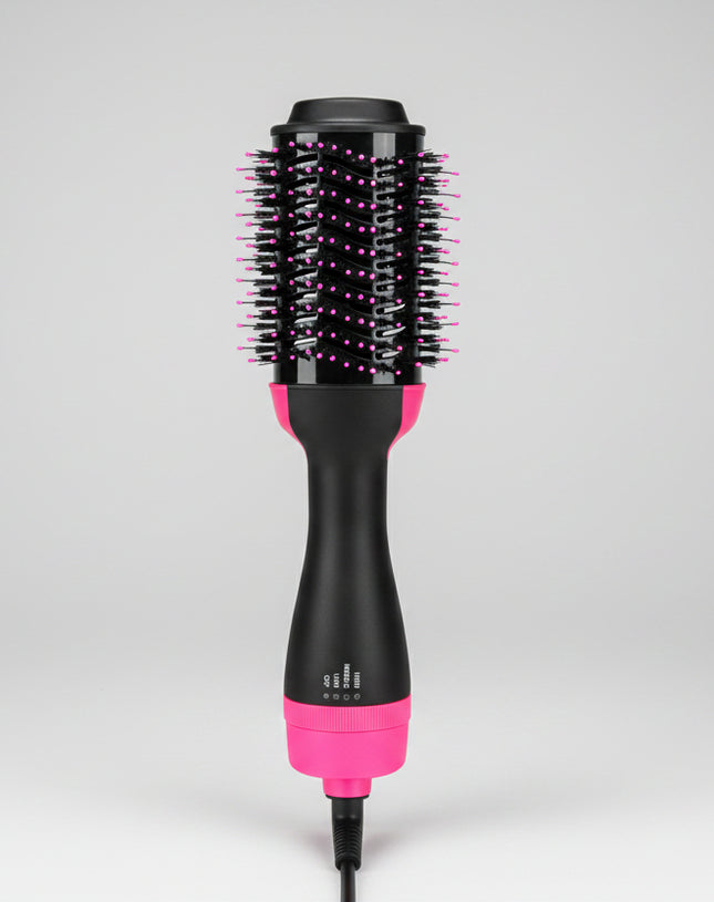 Black and pink hair styling tool on a white background