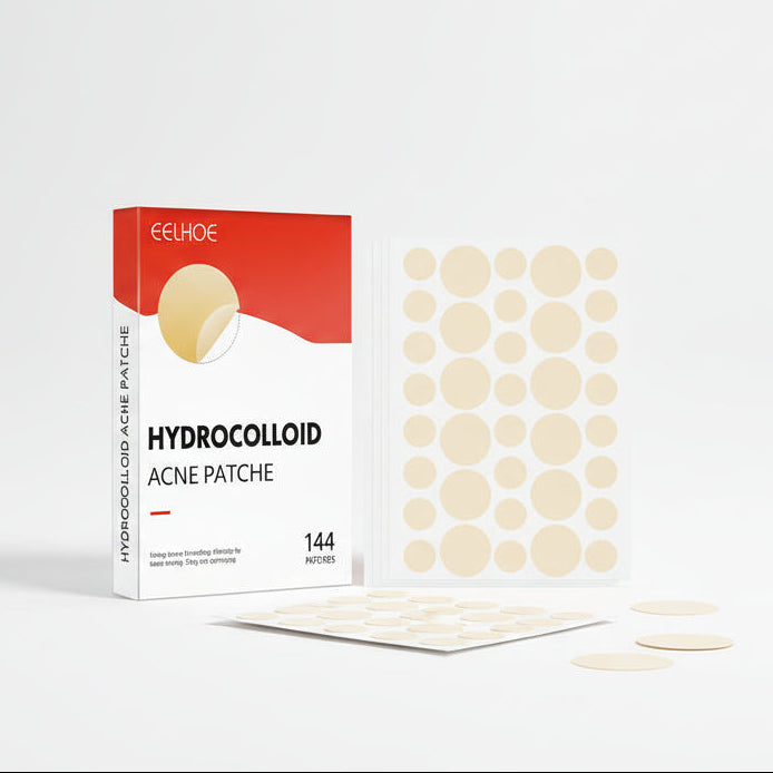 Hydrocolloid acne patches packaging with a woman's face showing before and after results.