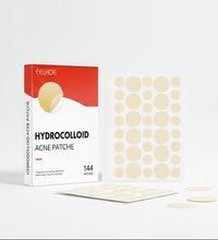 Hydrocolloid acne patches packaging with a woman's face showing before and after results.