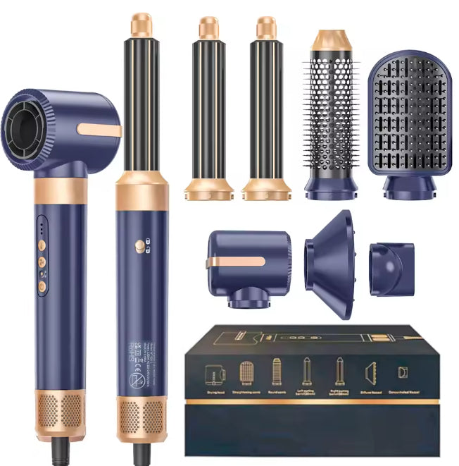 Blue and gold hair styling tool set with attachments on a white background