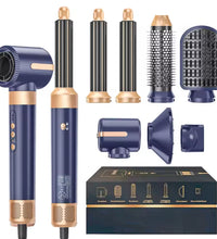 Blue and gold hair styling tool set with attachments on a white background