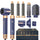 Blue and gold hair styling tool set with attachments on a white background
