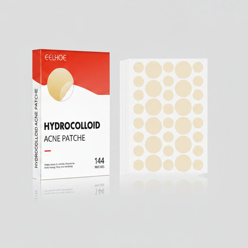 Hydrocolloid acne patch packaging with a woman's face and text indicating effect after 6-8 hours.