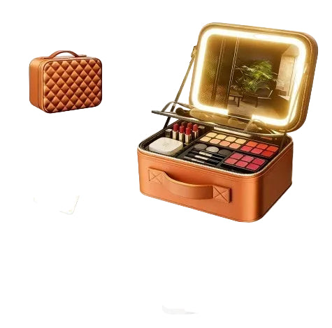 Interior view of the large capacity makeup case with adjustable dividers and cosmetics