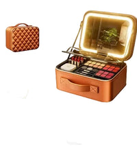 Interior view of the large capacity makeup case with adjustable dividers and cosmetics