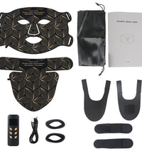 Collection of black face mask components and accessories on a white background
