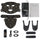 Collection of black face mask components and accessories on a white background