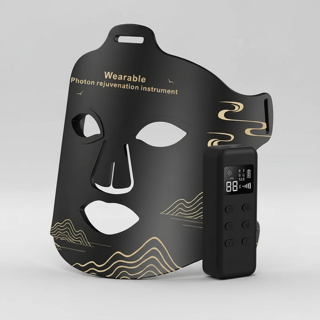 Black face mask with digital display on a white background