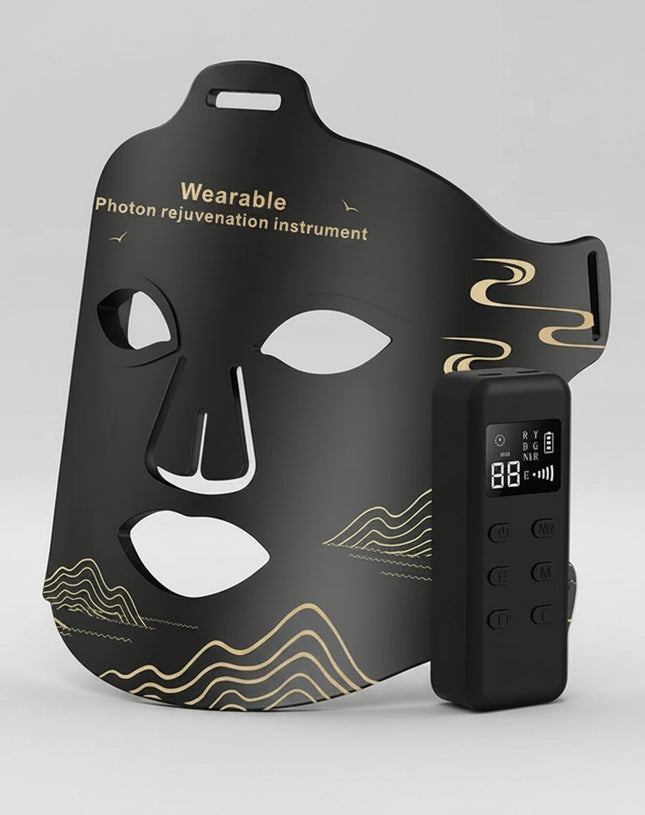 Black face mask with digital display on a white background