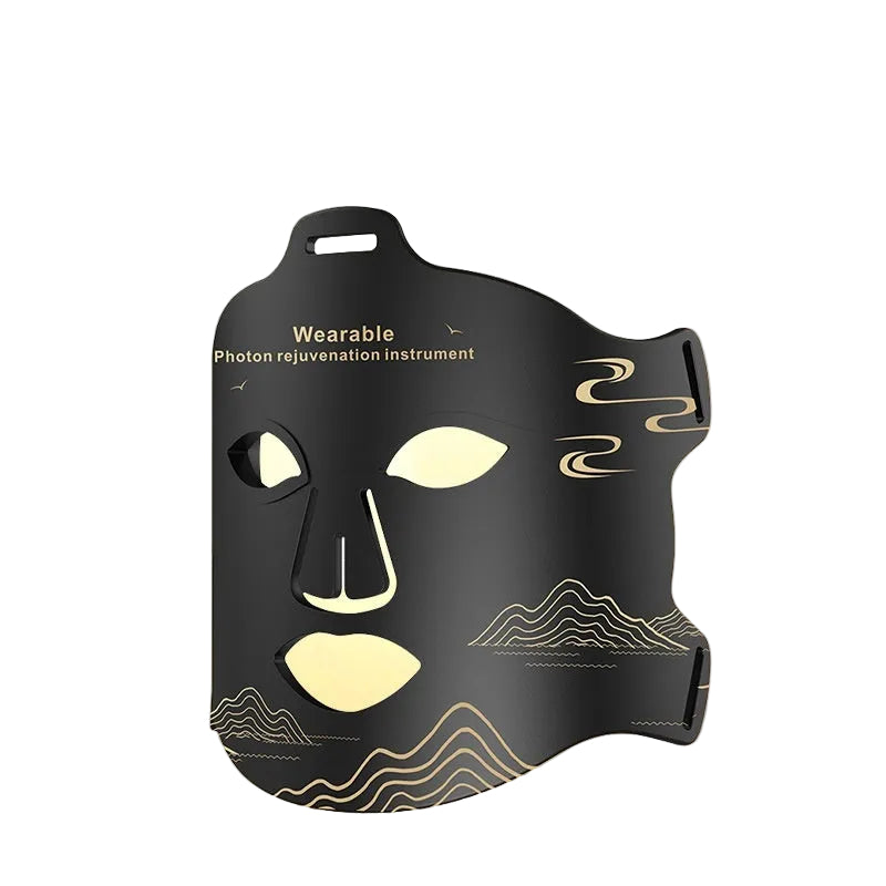 Black face mask with labeled modes on a gradient background