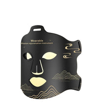 Black face mask with labeled modes on a gradient background